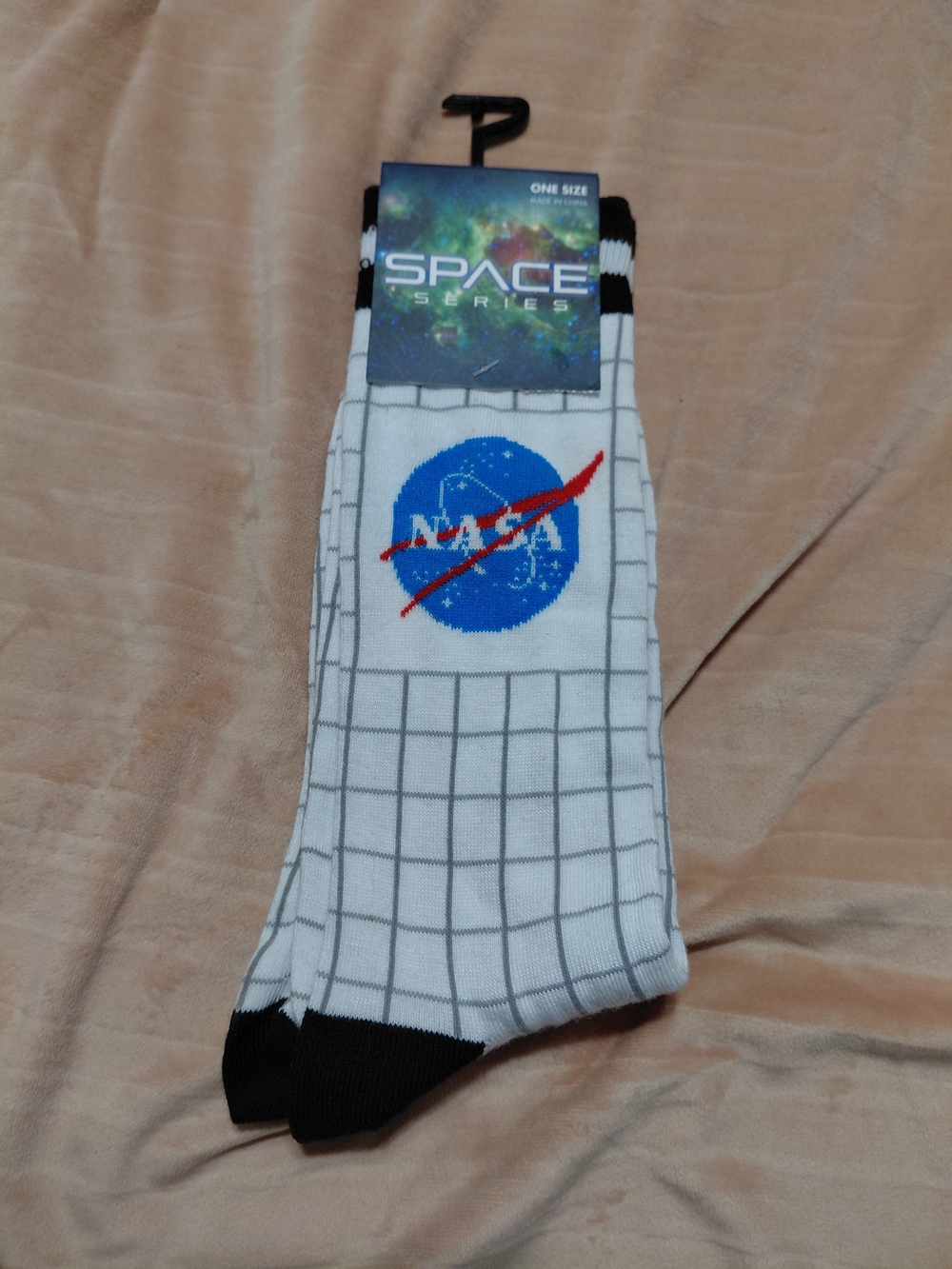 NASA Space Series White Grid Crew Socks with Blue Logo